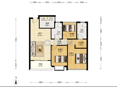 保利天悦，3室2厅2卫，88.54㎡，精装，售价315.00万