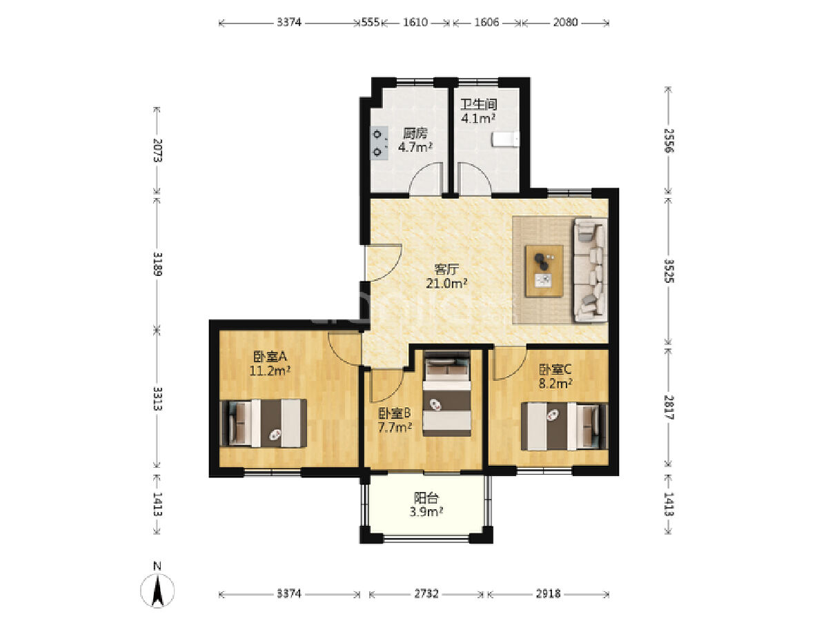 望童北苑，3室1厅1卫，101.00㎡，毛坯，售价190万 二手房
