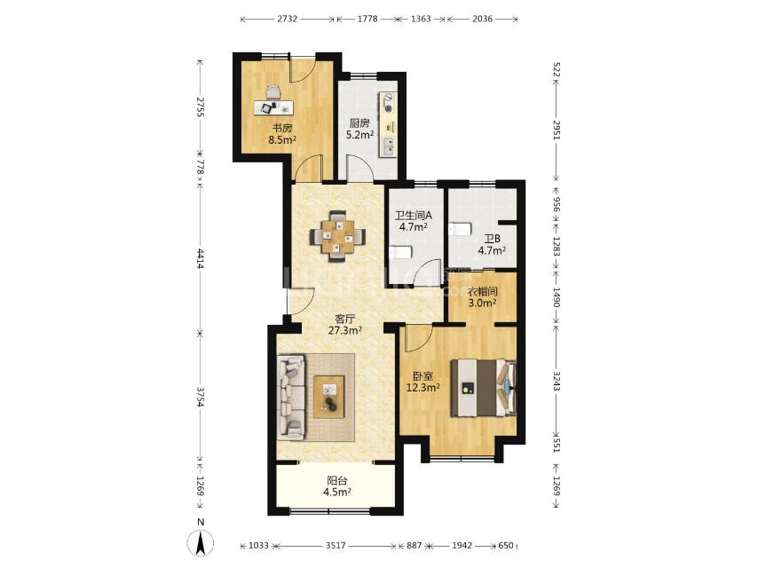 北宸府，3室2厅1卫，105.7㎡，精装，售价360万 二手房