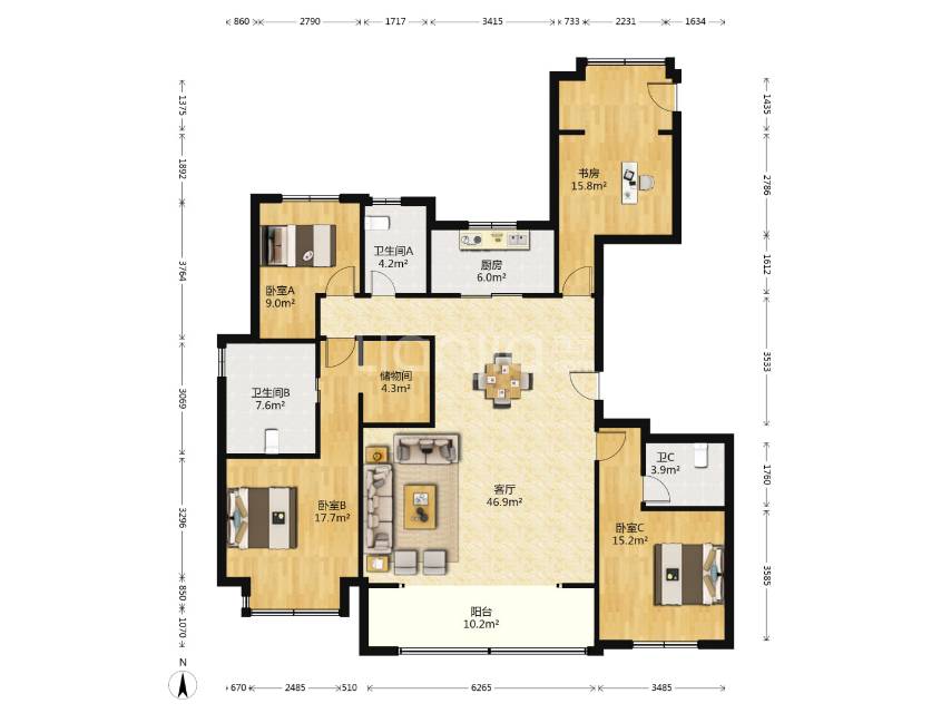 北宸府，4室2厅2卫，169.62㎡，精装，售价568万 二手房