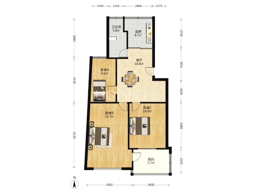 桥弄新村，3室2厅1卫，96㎡，简装，租金1850元/月 租房